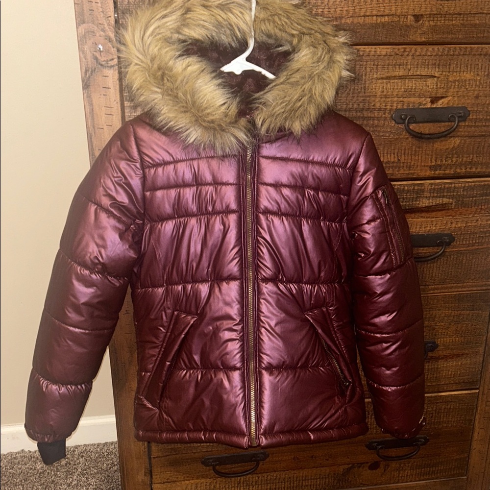 London Fog Kids Puffer Jacket - Metallic Burgundy with Faux Fur Hood